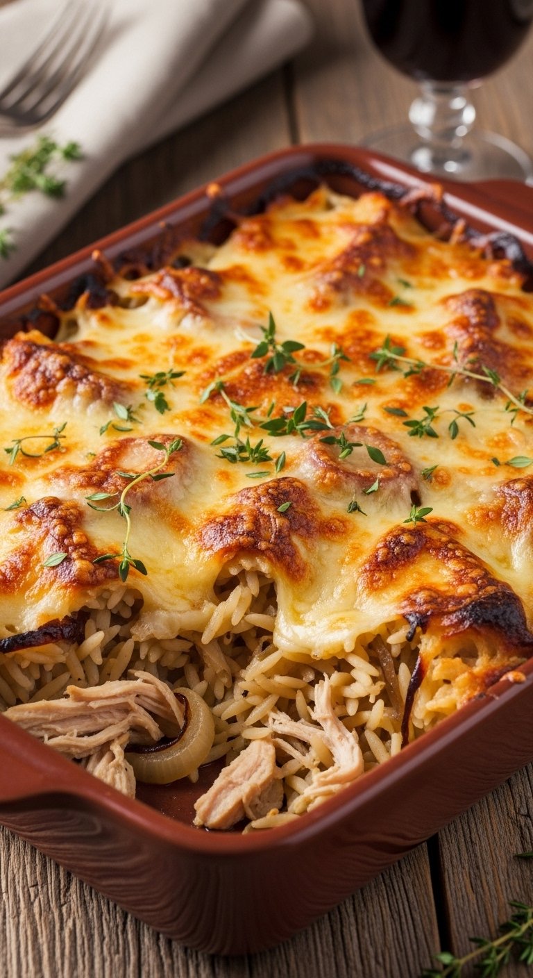French Onion Chicken Orzo Casserole