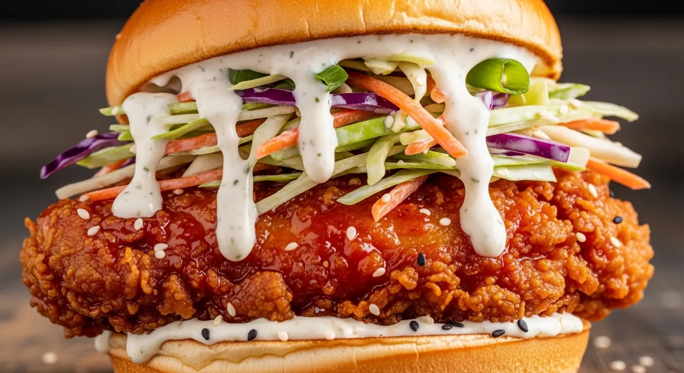 Korean Fried Chicken Sandwich with Slaw and Sauce